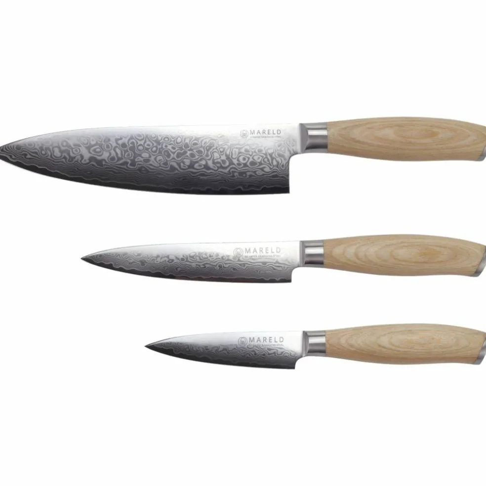 Akio sett med 3 japanske kniver: kokkekniv 21 cm, universalkniv 13 cm og skrellekniv 9 cm