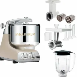 Assistent Original AKM 6230 kjøkkenmaskin med kjøttkvern, skjæretilbehør og blenderkanne, glossy white