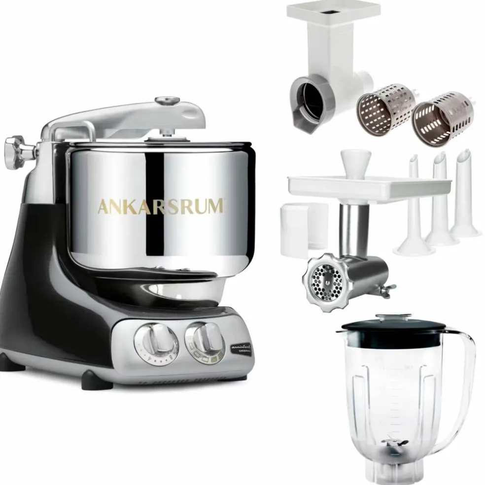 Assistent Original AKM 6230 kjøkkenmaskin med kjøttkvern, skjæretilbehør og blenderkanne, glossy white