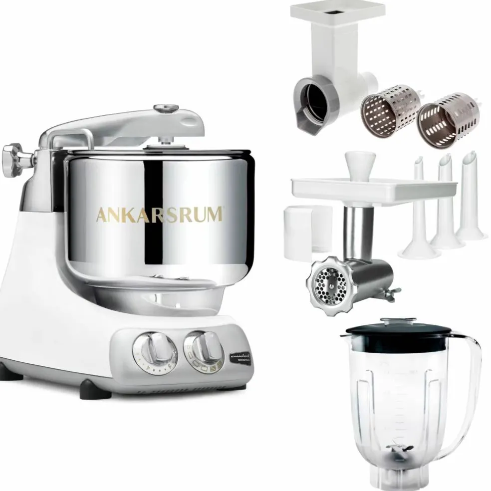 Assistent Original AKM 6230 kjøkkenmaskin med kjøttkvern, skjæretilbehør og blenderkanne, glossy white