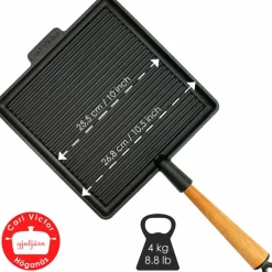 Firkantet grillpanne i støpejern 28 cm, håndtak i bøk