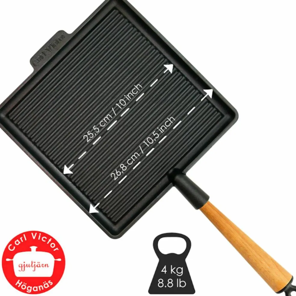 Firkantet grillpanne i støpejern 28 cm, håndtak i bøk