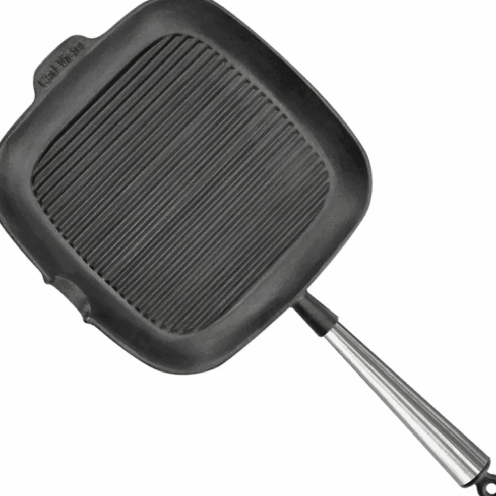 Firkantet grillpanne i støpejern 28 cm med høye kanter, bøketre