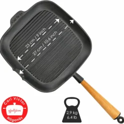 Firkantet grillpanne i støpejern 28 cm med høye kanter, bøketre