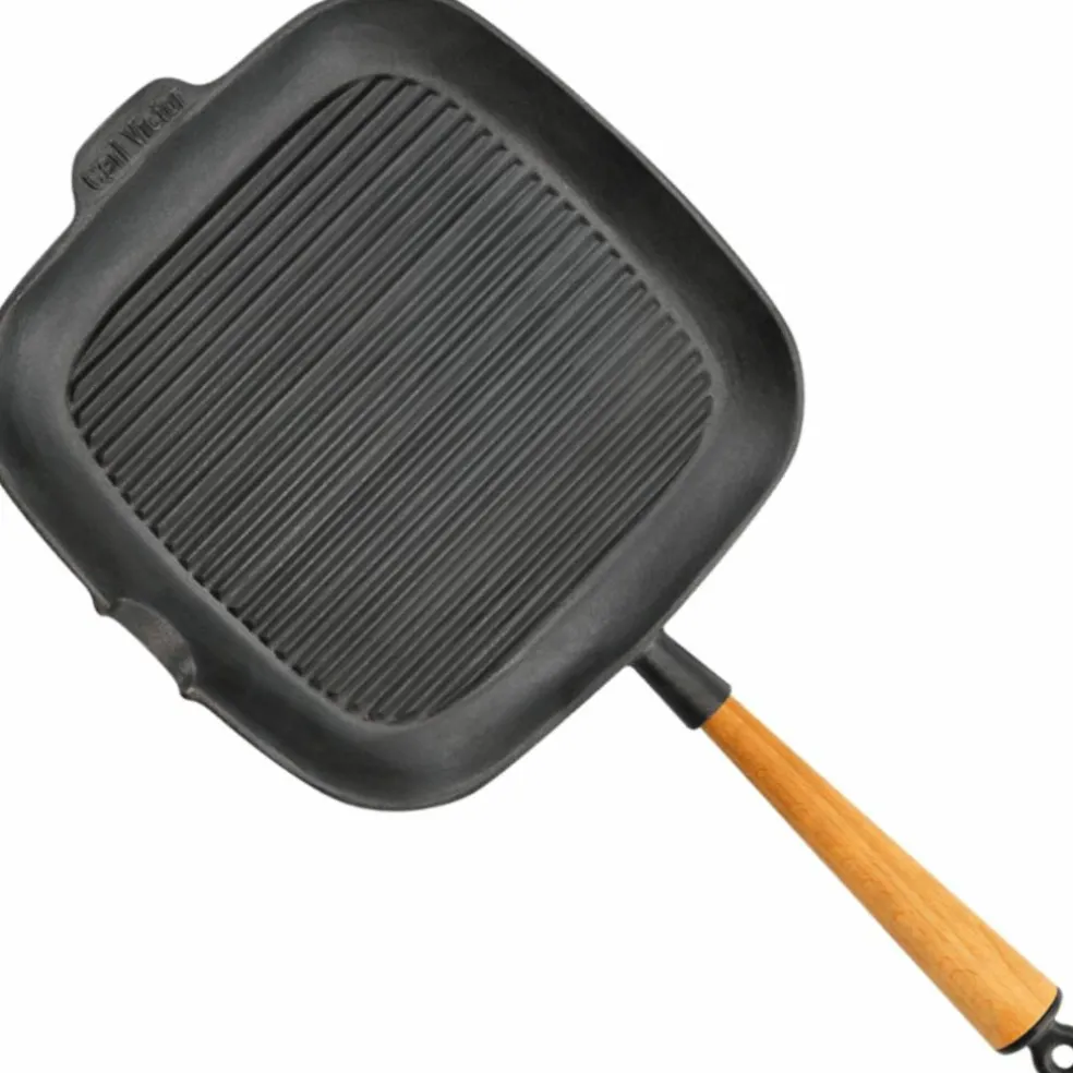 Firkantet grillpanne i støpejern 28 cm med høye kanter, bøketre