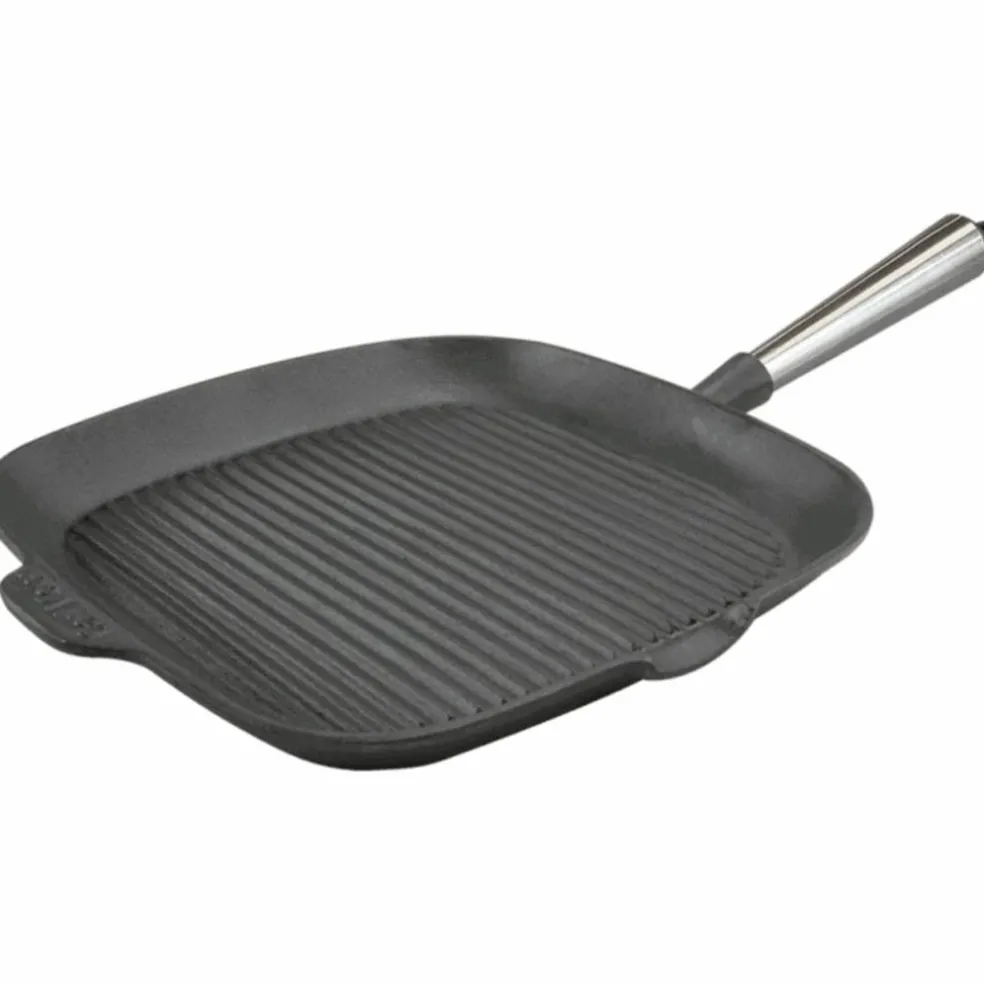 Firkantet grillpanne i støpejern 28 cm med høye kanter, stålhåndtak