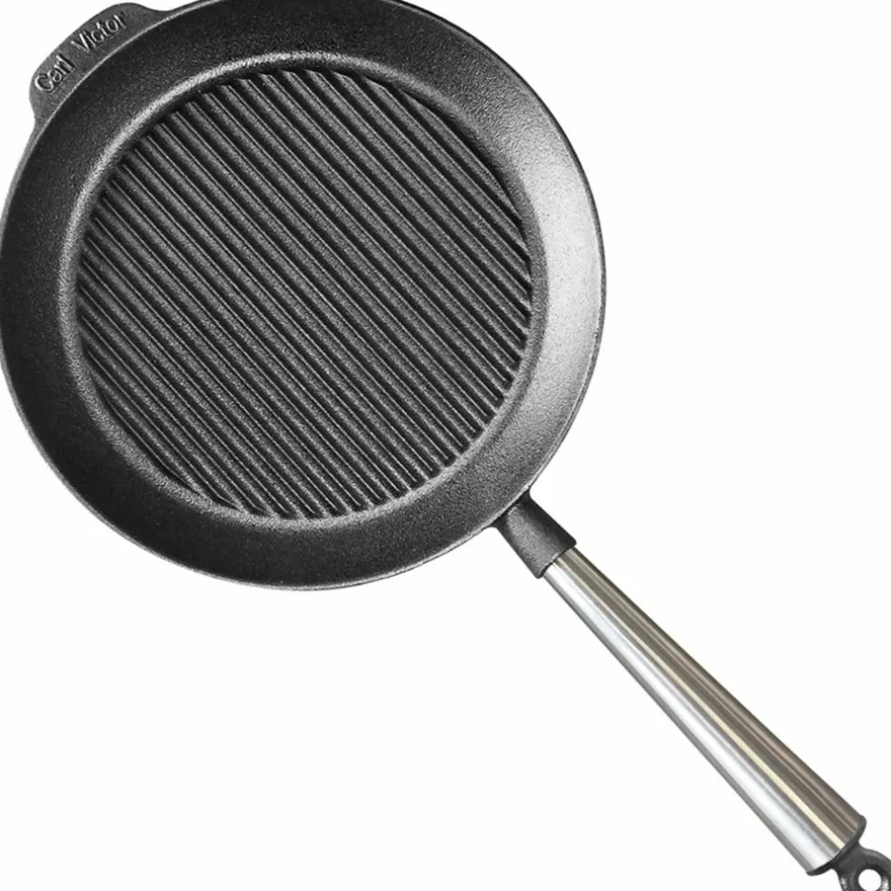 Grillpanne i støpejern 28 cm, håndtak i bøketre