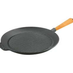 Grillpanne i støpejern 28 cm, håndtak i bøketre
