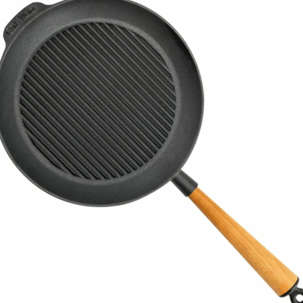 Grillpanne i støpejern 28 cm, håndtak i bøketre