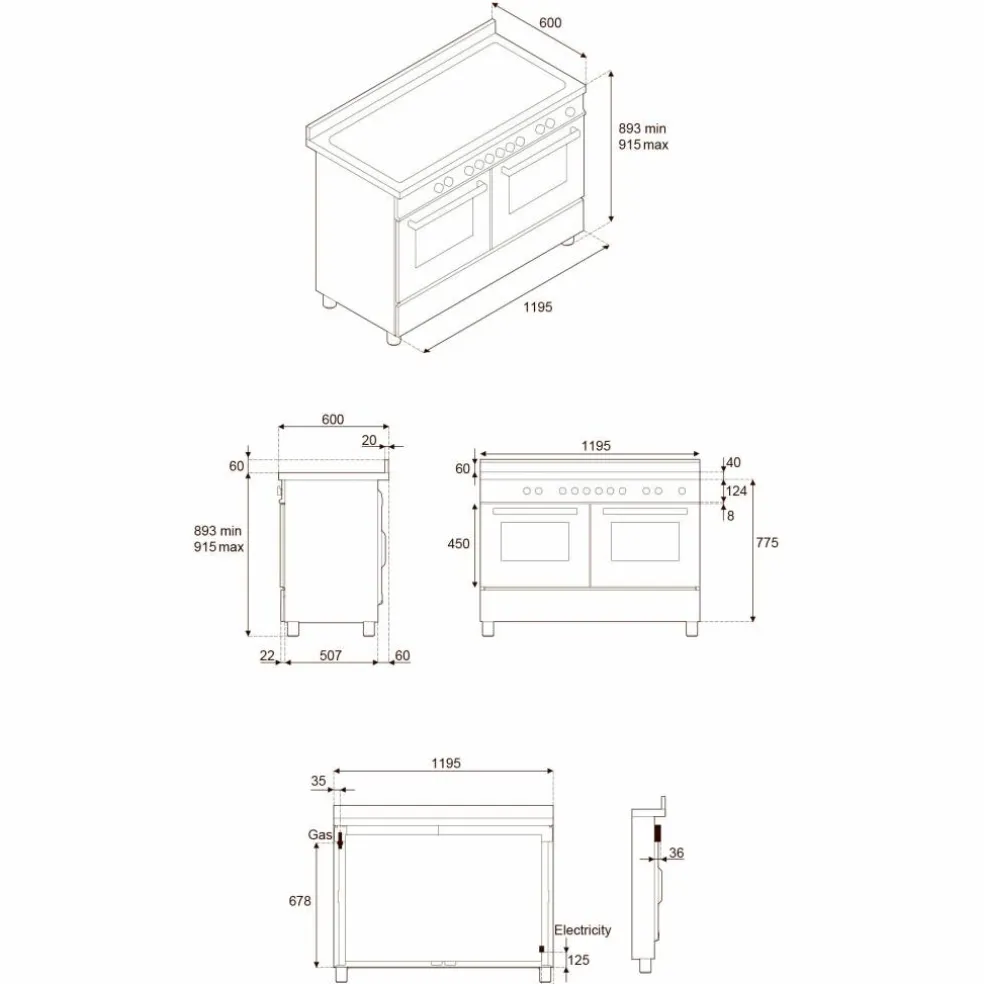 MAS125I2ENET2 Master induksjonskomfyr 120 cm med 5 soner, stekebord og 2 ovner, matt svart