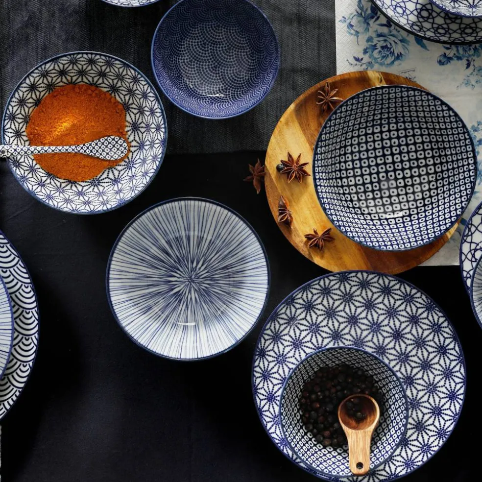 Nippon Blue skålsett + spisepinner, prikker/bølger