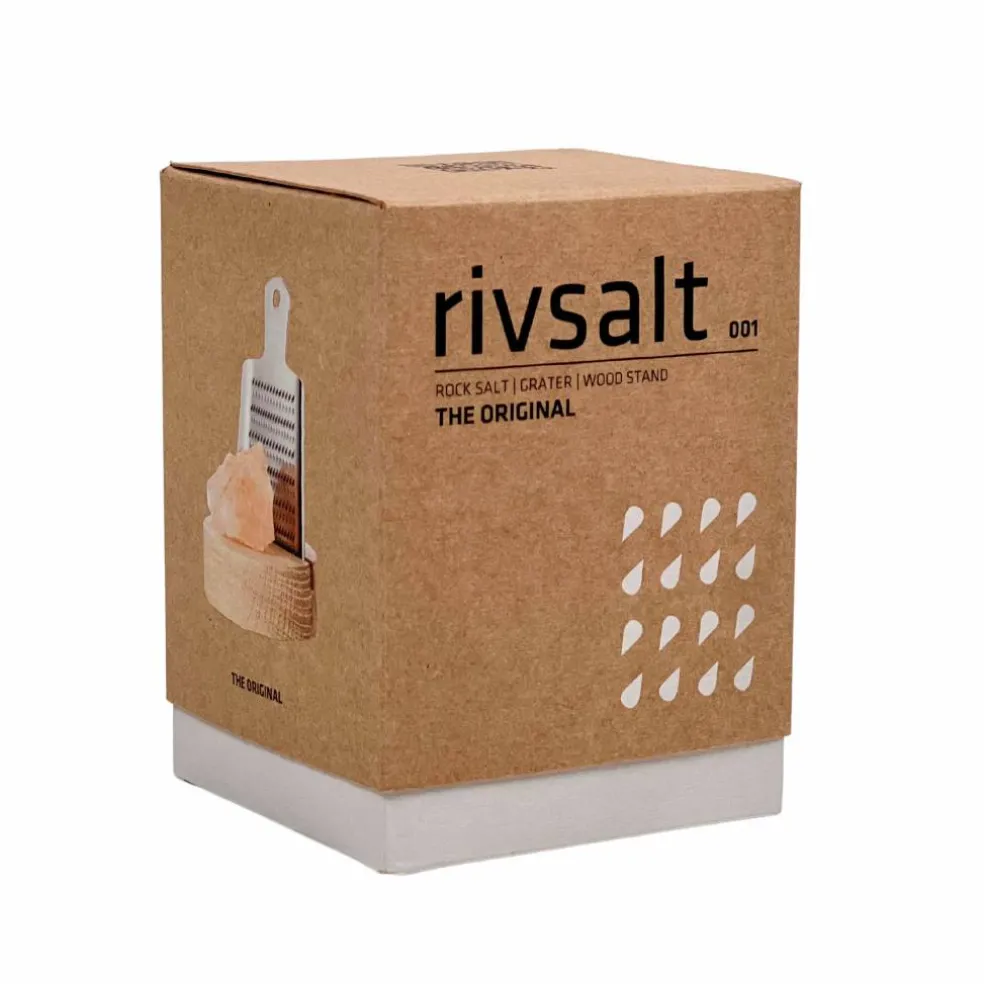 Original sett med rivjern, saltstein og bordstativ i eik