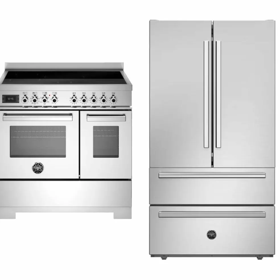 Professional PRO95I2EXT2 induksjonskomfyr 90 cm med 5 soner og 2 ovner + REF904FFNXTC kjøleskap/fryser, rustfritt stål