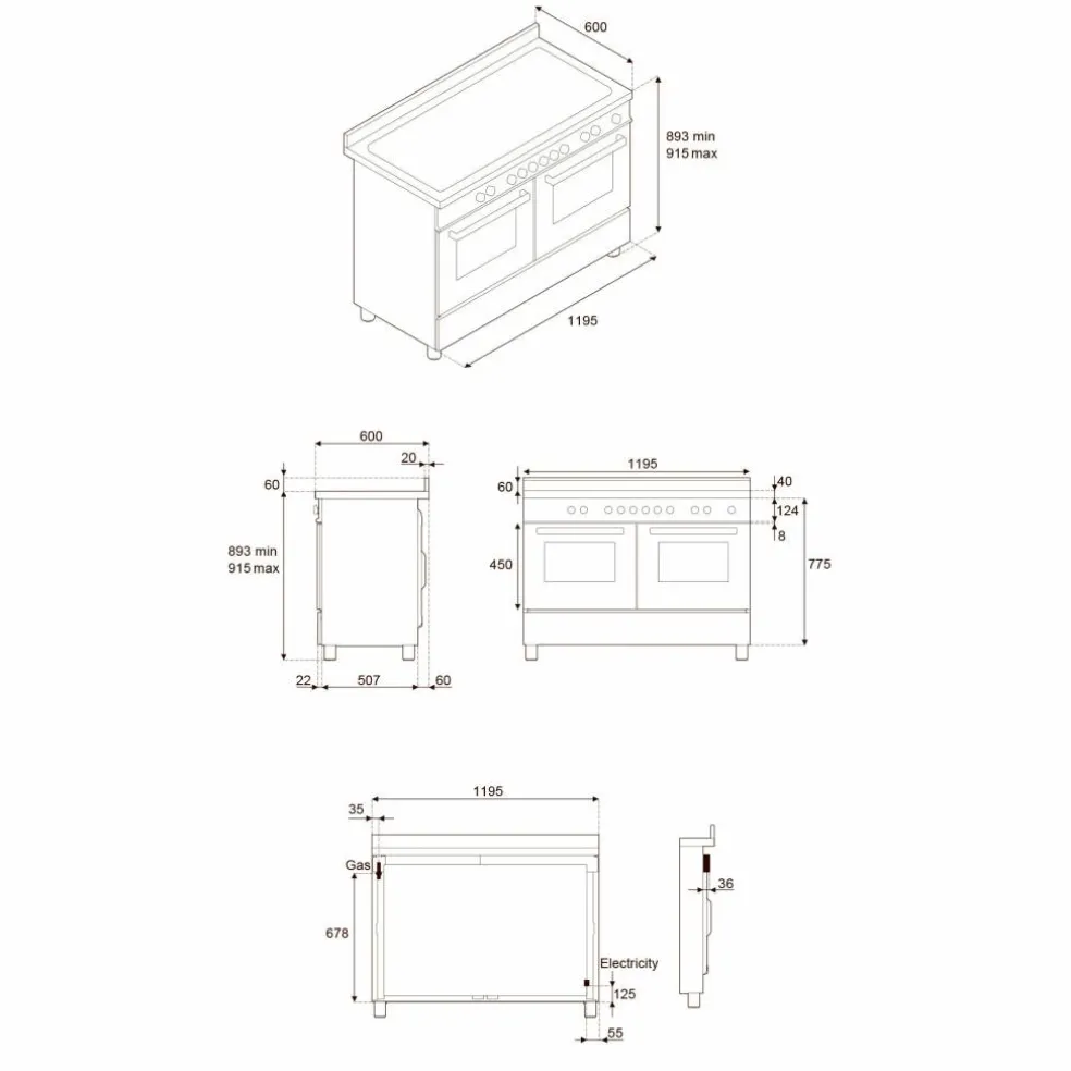PRO126G2EBIT2 Professional gasskomfyr 120 cm med 6 brennere, elektrisk stekebord og 2 ovner, hvit