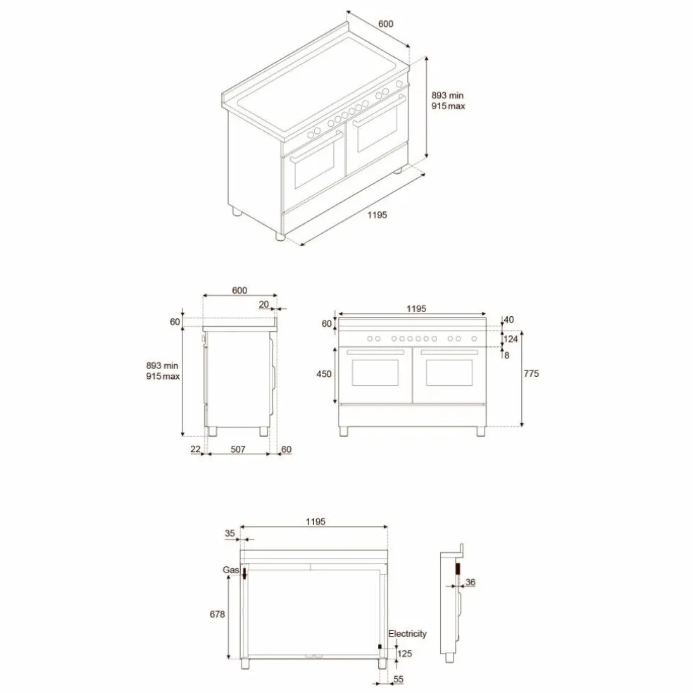 PRO126G2EGIT2 Professional gasskomfyr 120 cm med 6 brennere, elektrisk stekebord og 2 ovner, gul