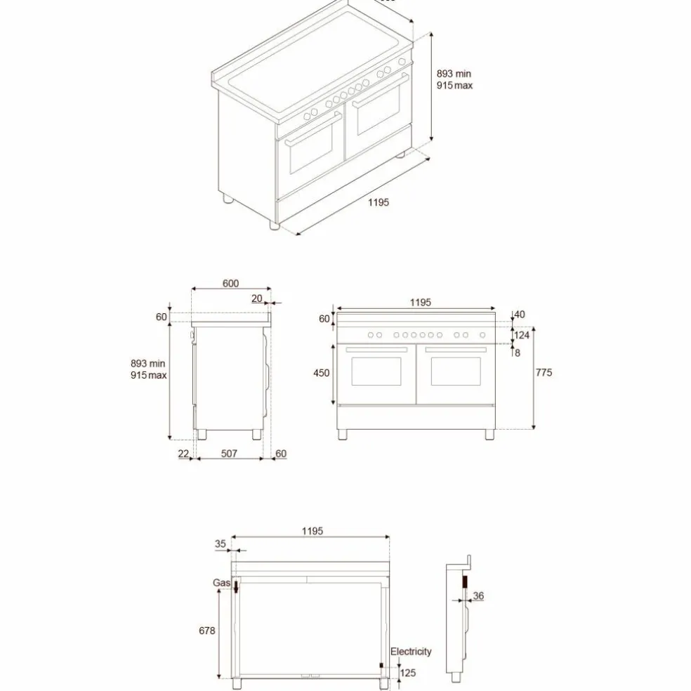 PRO126G2ENET2 Professional gasskomfyr 120 cm med 6 brennere, elektrisk stekebord og 2 ovner, svart