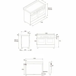 PRO125I2EBIT2 Professional induksjonskomfyr 120 cm med 5 soner, elektrisk stekebord og doble ovner, hvit
