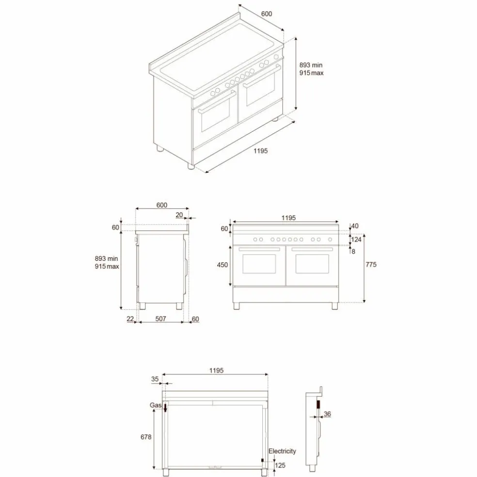 PRO125I2EBIT2 Professional induksjonskomfyr 120 cm med 5 soner, elektrisk stekebord og doble ovner, hvit