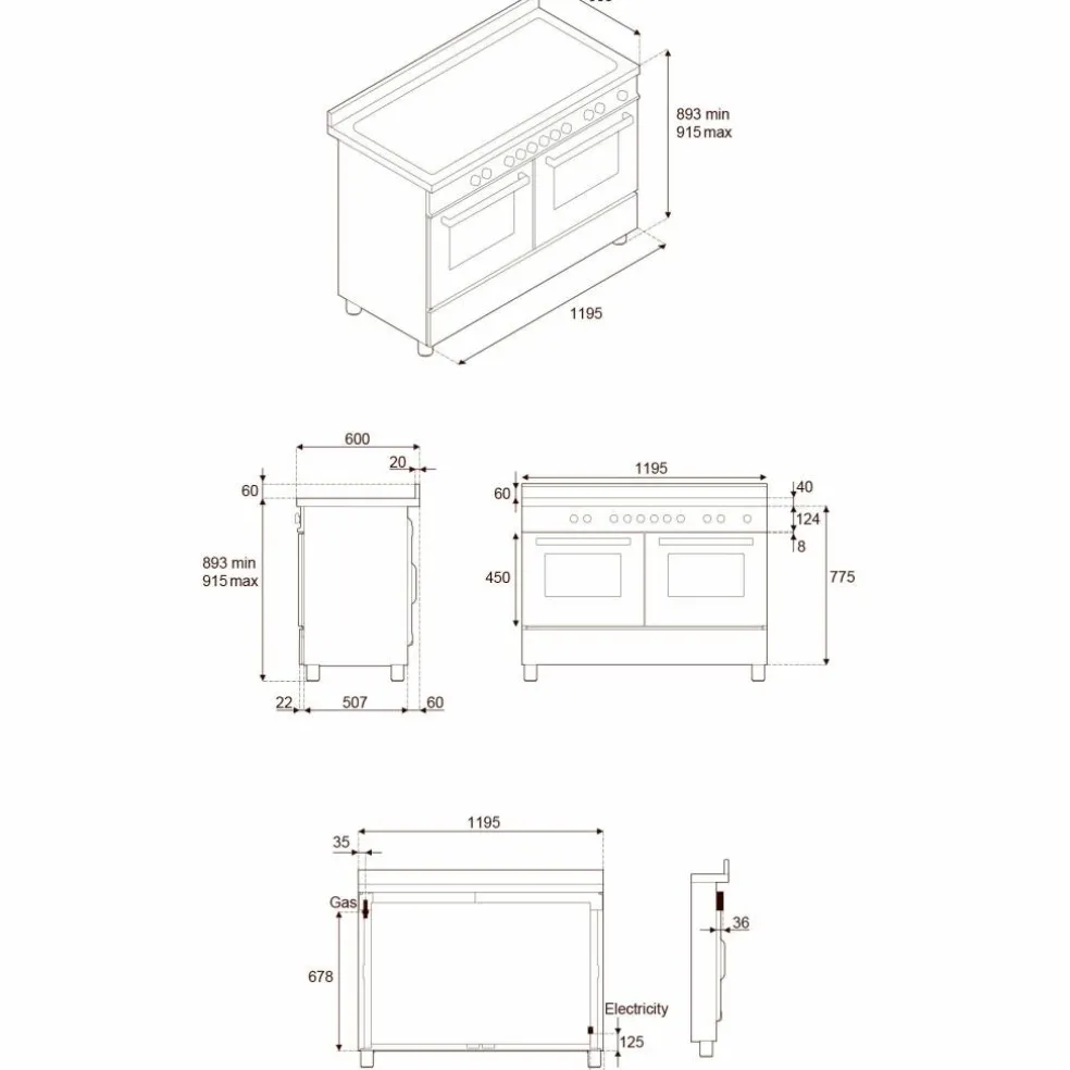PRO125I2EGIT2 Professional induksjonskomfyr 120 cm med 5 soner, elektrisk stekebord og 2 ovner, gul