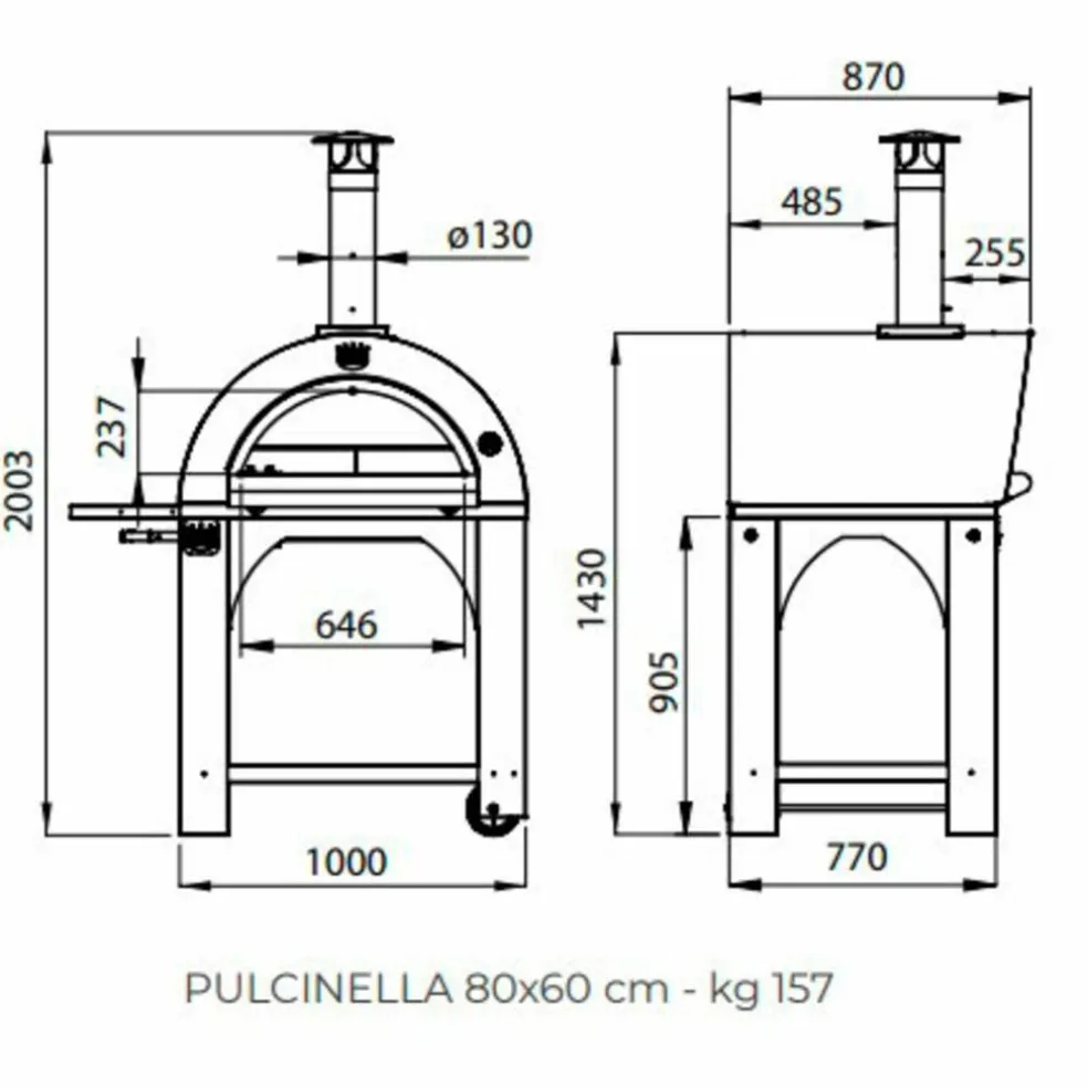 Pulcinella Vedfyrt Pizzaovn 80x60 cm, Rustfritt stål
