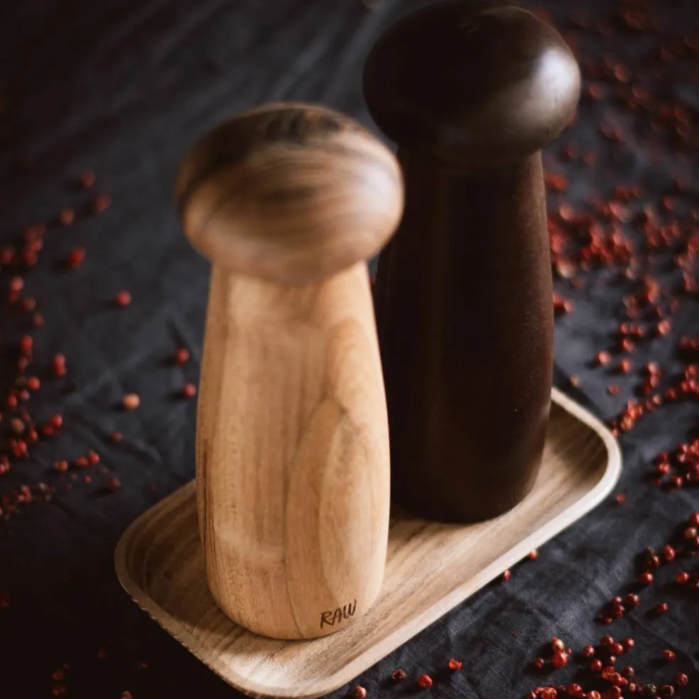 RAW kvernsett + brett, teak/mørkt tre