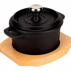 Serveringsgryta i gjutjärn 10 cm, underlägg i trä