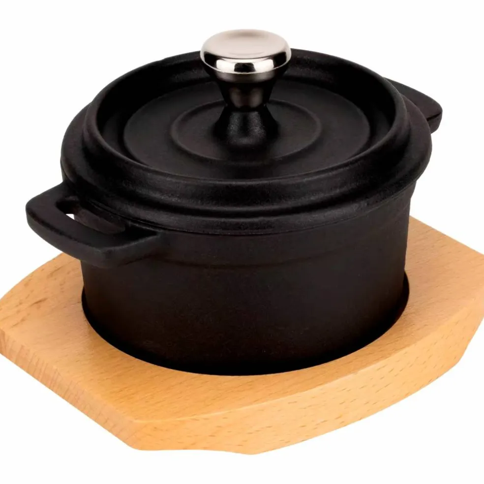 Serveringsgryta i gjutjärn 10 cm, underlägg i trä