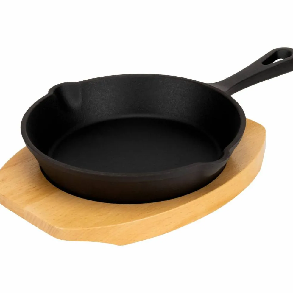 Serveringspanne i støpejern 12 cm, bordskåner i tre