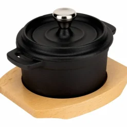 Serveringspanne i støpejern 16 cm, bordskåner i tre