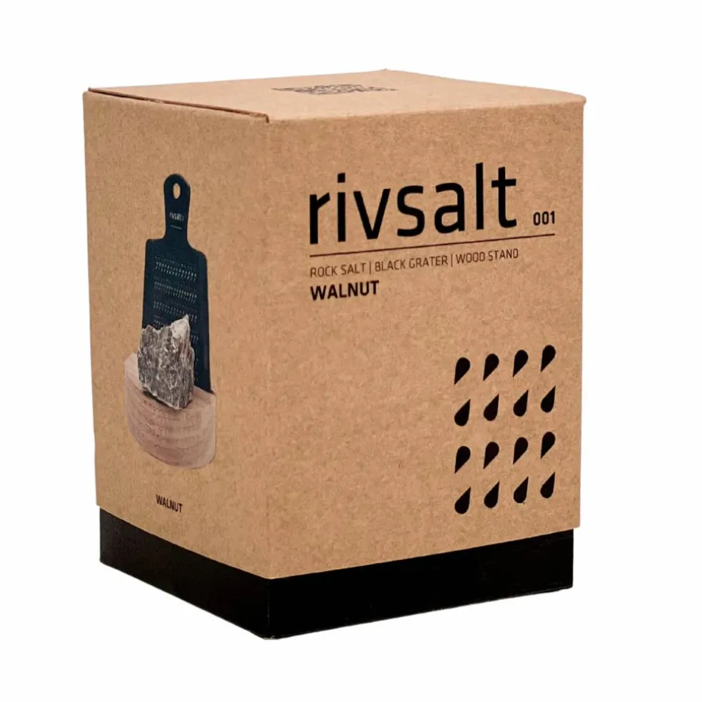 Sett med rivjern, bergsaltstein og bordstativ i valnøttre
