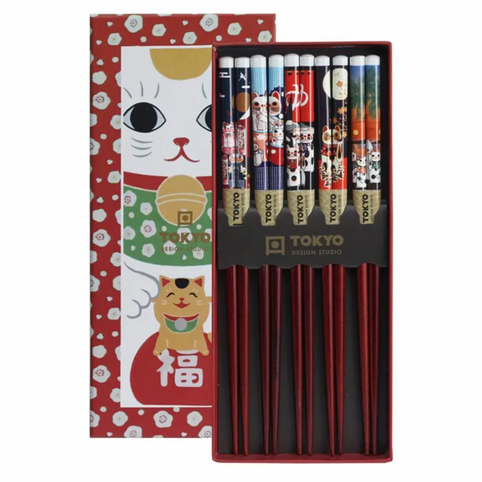Spisepinner gavesett, 5 par, lucky cats