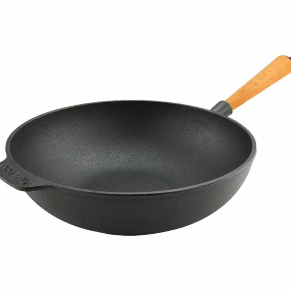 Støpejernswok 30 cm, håndtak i bøketre