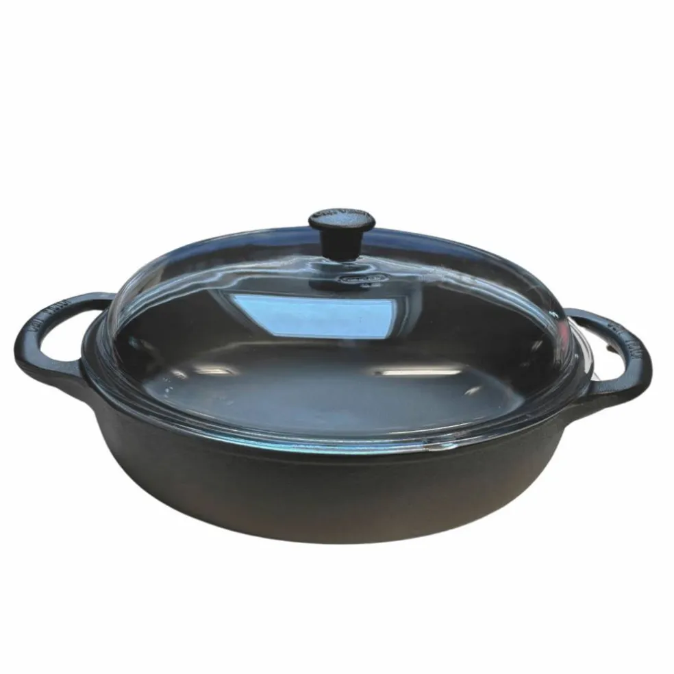 Traktørpanne med glasslokk 32 cm, støpejern