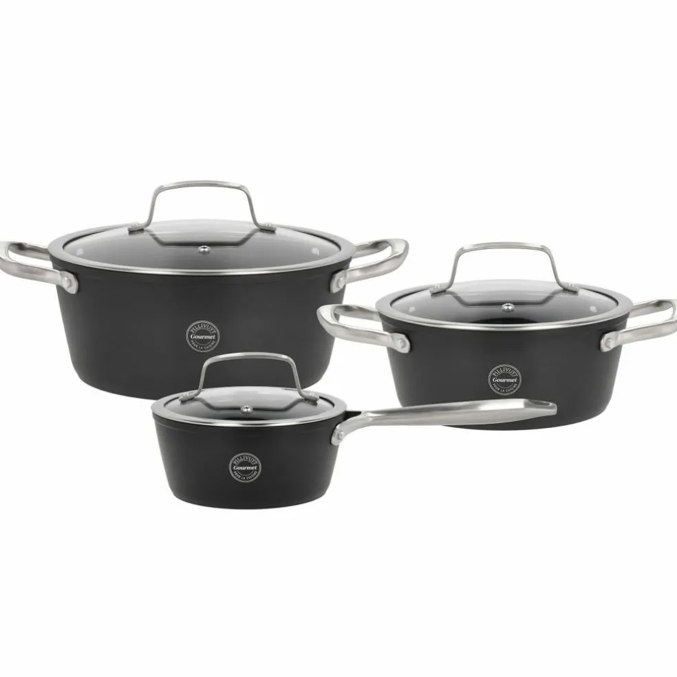 Travo grytesett med glasslokk 6 deler, svart aluminium