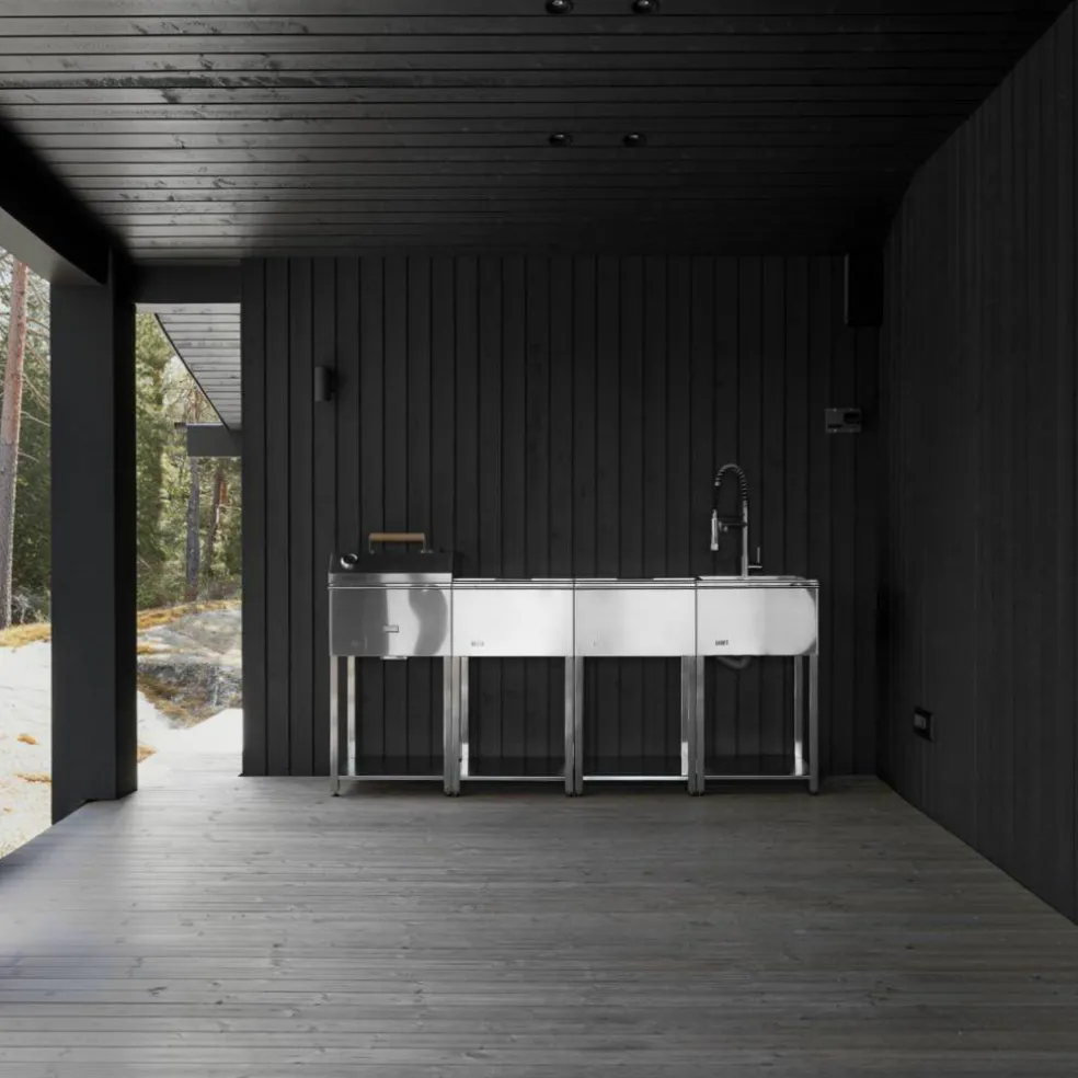 Utekjøkkenpakke C: kullgrill + 2 sidebord + vask, rustfritt stål