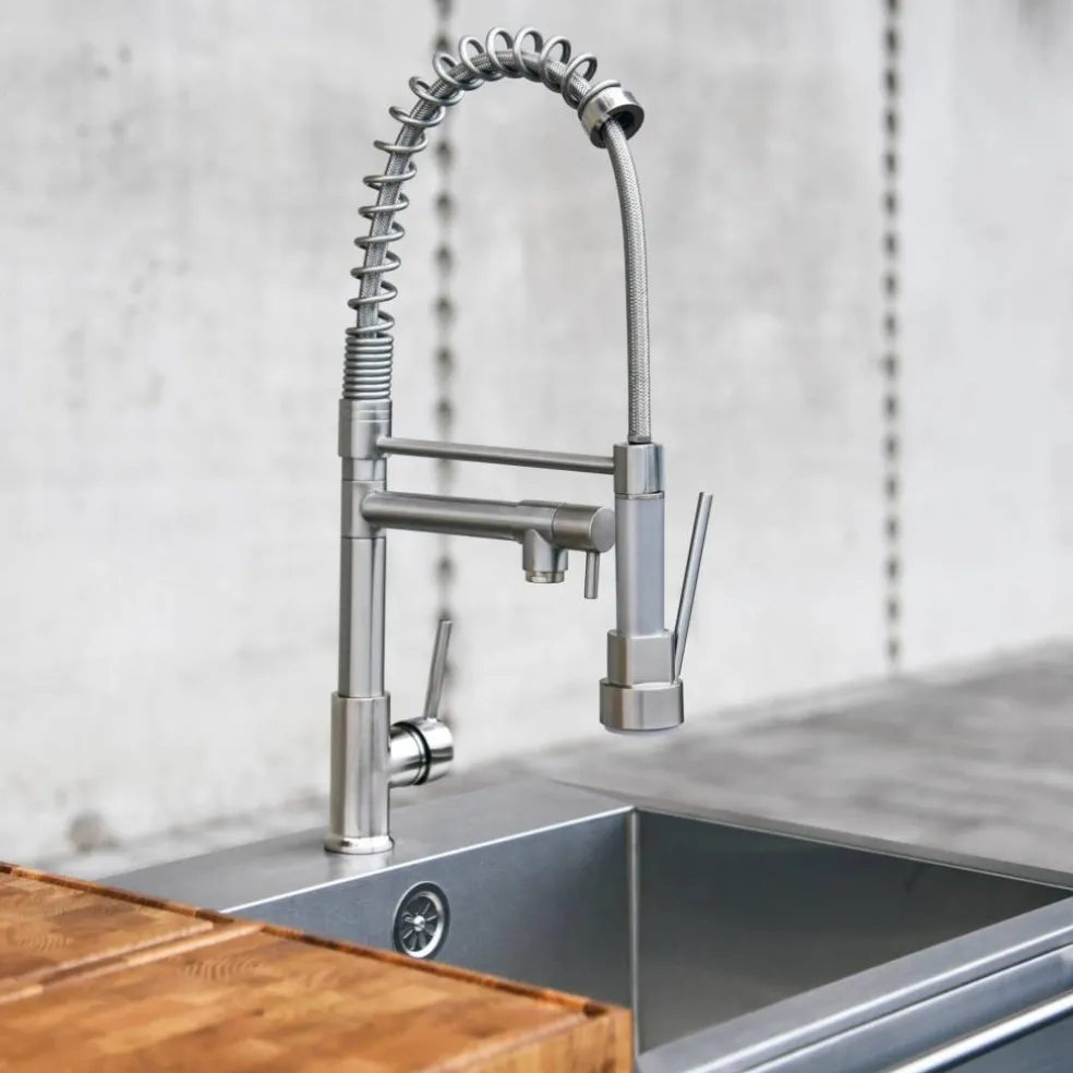 Utekjøkkenpakke C: kullgrill + 2 sidebord + vask, rustfritt stål