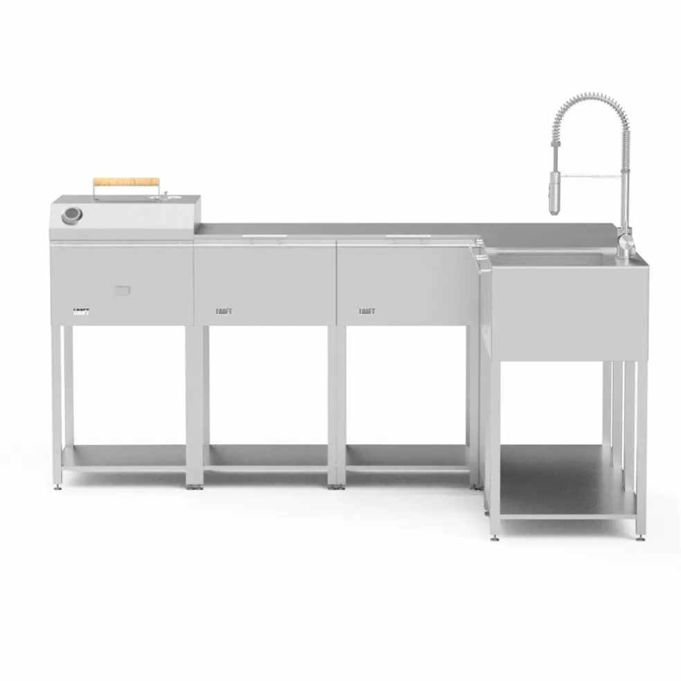 Utekjøkkenpakke L: kullgrill + 4 sidebord + vask, rustfritt stål