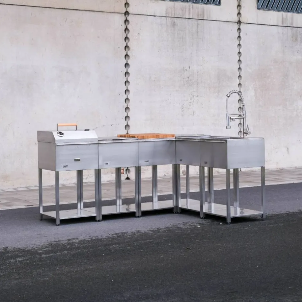 Utekjøkkenpakke L: kullgrill + 4 sidebord + vask, rustfritt stål