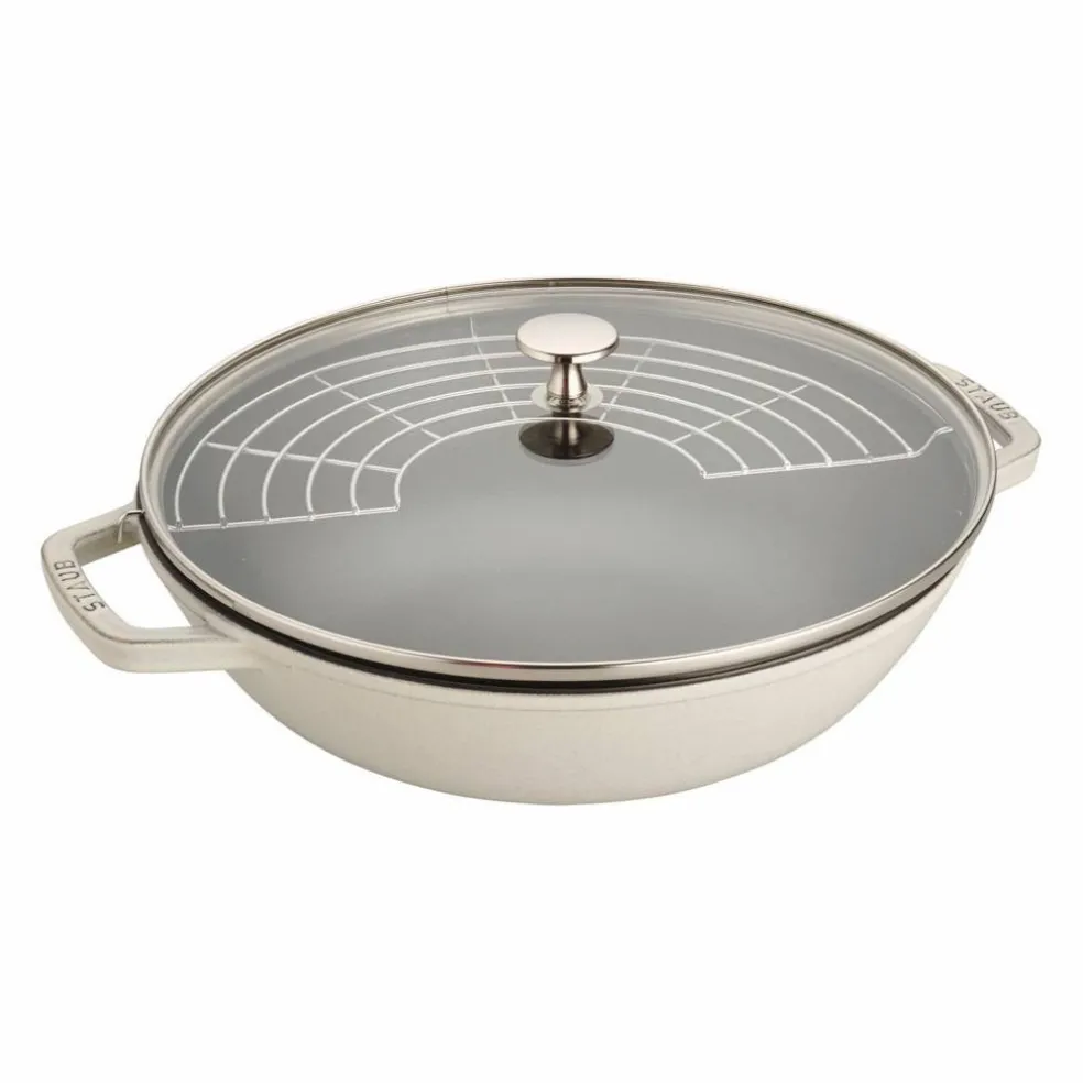 Wok i støpejern med glasslokk 30 cm, white truffle